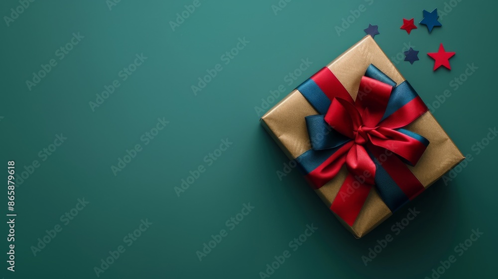 gift box tied with a ribbon bow in military colors on green background with copy space defender of the fatherland day or veterans day banner design gift box tied with a ribbon bow in military colors on green background with copy space defender of the fatherland day or veterans day banner design