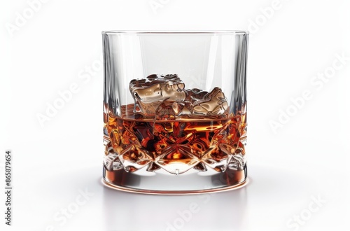 Crystal Glass Filled With Whiskey and Ice Cubes on a White Background