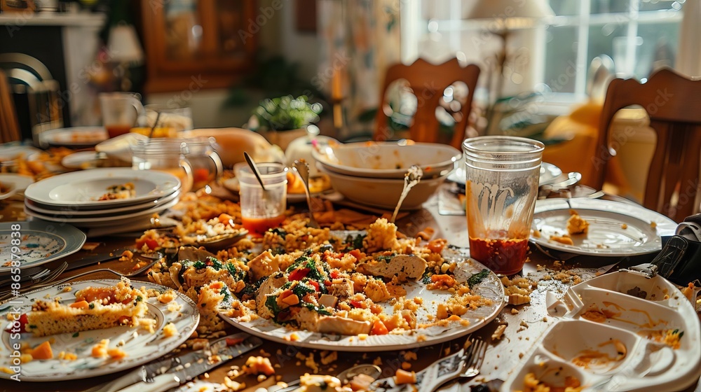 Naklejka premium Bits of food and dirty dishes on a family dinner table, dirty table, messy