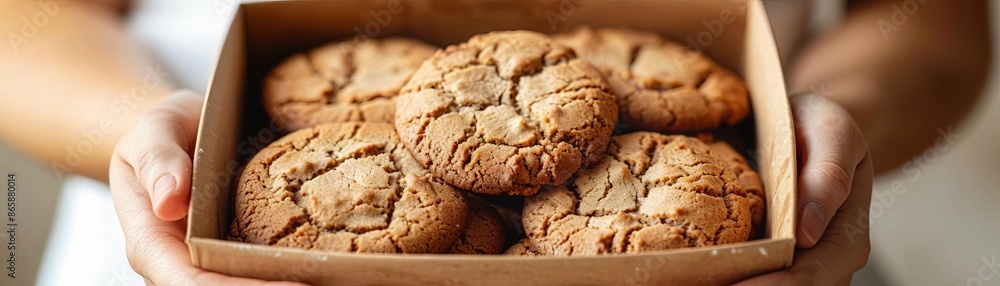 Hands presenting a box of freshly baked cookies, food delivery, sweet treat Hands presenting a box of freshly baked cookies, food delivery, sweet treat