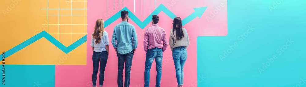 Diverse team analyzing data growth chart, symbolizing collaboration and business success in vibrant modern setting. Diverse team analyzing data growth chart, symbolizing collaboration and business success in vibrant modern setting.