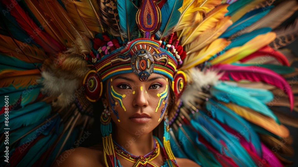 Young woman at a carnival in Brazil Beautiful Latin American woman wearing an intricate headdress made of colorful feathers Young woman at a carnival in Brazil Beautiful Latin American woman wearing an intricate headdress made of colorful feathers
