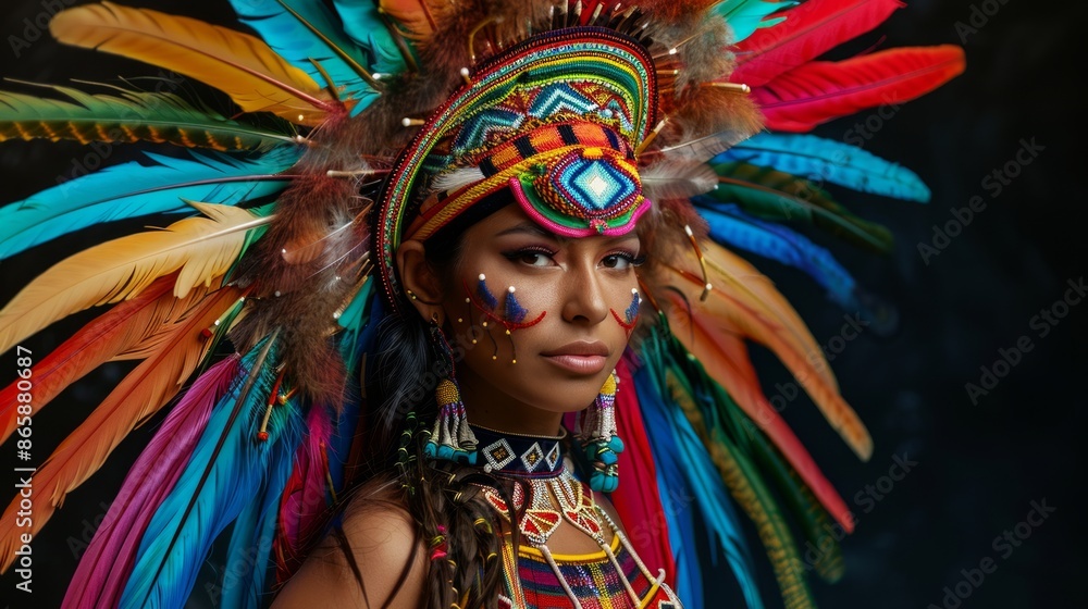 Young woman at a carnival in Brazil Beautiful Latin American woman wearing an intricate headdress made of colorful feathers Young woman at a carnival in Brazil Beautiful Latin American woman wearing an intricate headdress made of colorful feathers