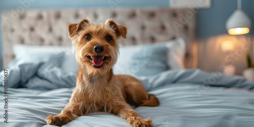 Cheerful ginger mixed breed dog in stylish bedroom with kingsize bed. Concept Pet photography, Interior design, Home decor, Animal portrait