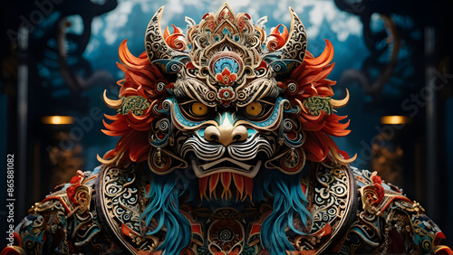A vibrant depiction of the Barong, a mythical creature in Balinese culture, adorned with ornate patterns and symbols of protection © Taras