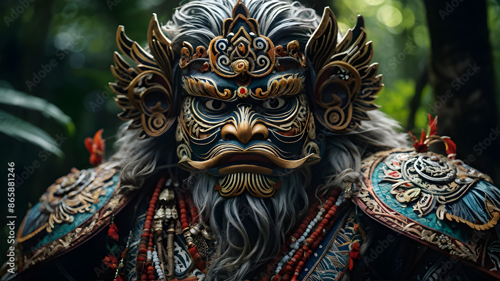 Fototapeta premium The Barong, a mythical creature from Balinese mythology, is covered with elaborate patterns and protective symbols