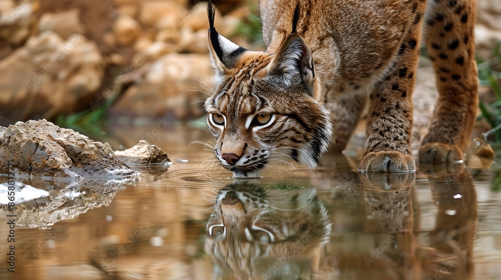 Fototapeta premium Iberian lynx drinking water lynx pardinus, wild cat endemic