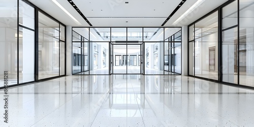 Entrance of a Shopping Center with Automatic Glass Doors, Black Frame, and Display Lights. Concept Shopping Center Entrance, Automatic Glass Doors, Black Frame, Display Lights