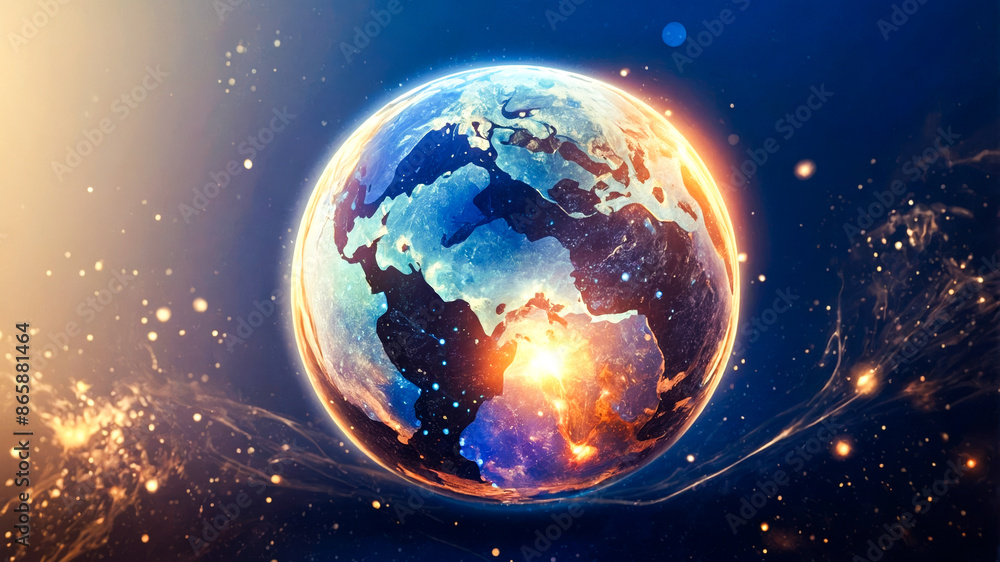 Transparent globe of Earth planet from blue glowing particulars on blue background Transparent globe of Earth planet from blue glowing particulars on blue background