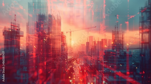 Double exposure of a futuristic cityscape with skyscrapers under construction and a vibrant sunset in the background, symbolizing innovation.