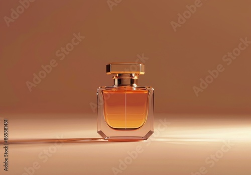Glass Perfume Bottle With Gold Accents on Brown Background