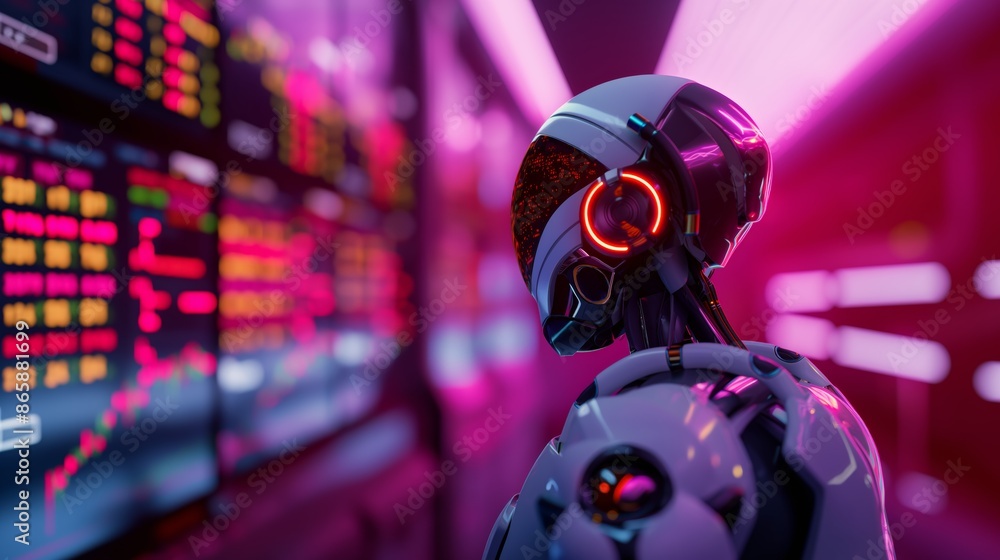 3D illustration of a futuristic robot monitoring data in a neon lit room. 3D illustration of a futuristic robot monitoring data in a neon lit room.