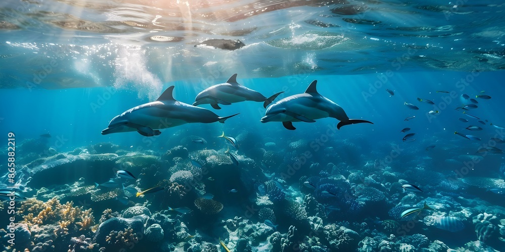 Naklejka premium Dolphins swimming near coral reef with school of fish in blue sea. Concept Underwater Wildlife, Marine Ecosystem, Dolphin Behavior, Coral Reef Conservation, Aquatic Biodiversity