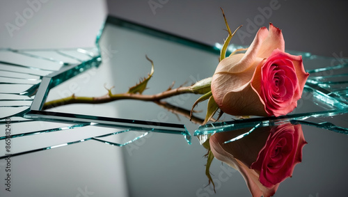 Fototapeta Naklejka Na Ścianę i Meble -  red rose and broken glass