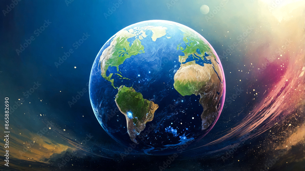 Fototapeta premium Transparent globe of Earth planet from blue glowing particulars on blue background