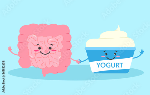 Cute healthy intestine with yogurt cartoon character in flat design.