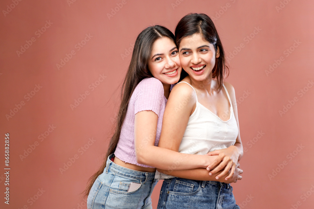 Two Good-Looking Ladies Are Hugging And Smiling While Standing Two Good-Looking Ladies Are Hugging And Smiling While Standing