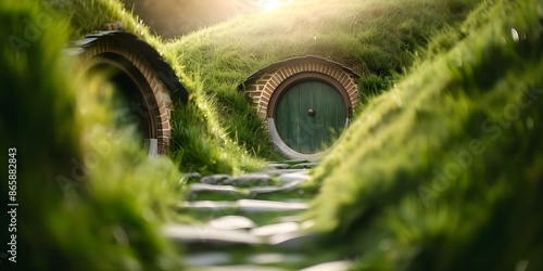 Hobbit village with small round doors and cozy underground houses like a fairytale. Concept Fantasy, Fairy Tale, Cozy Homes, Unique Architecture, Quaint Village photo