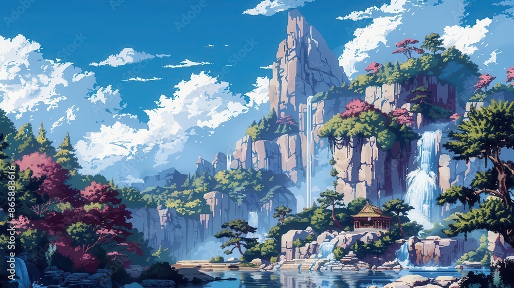 Fototapeta premium 39 Pixelated digital environments flat design side view anime theme water color Triadic Color Scheme