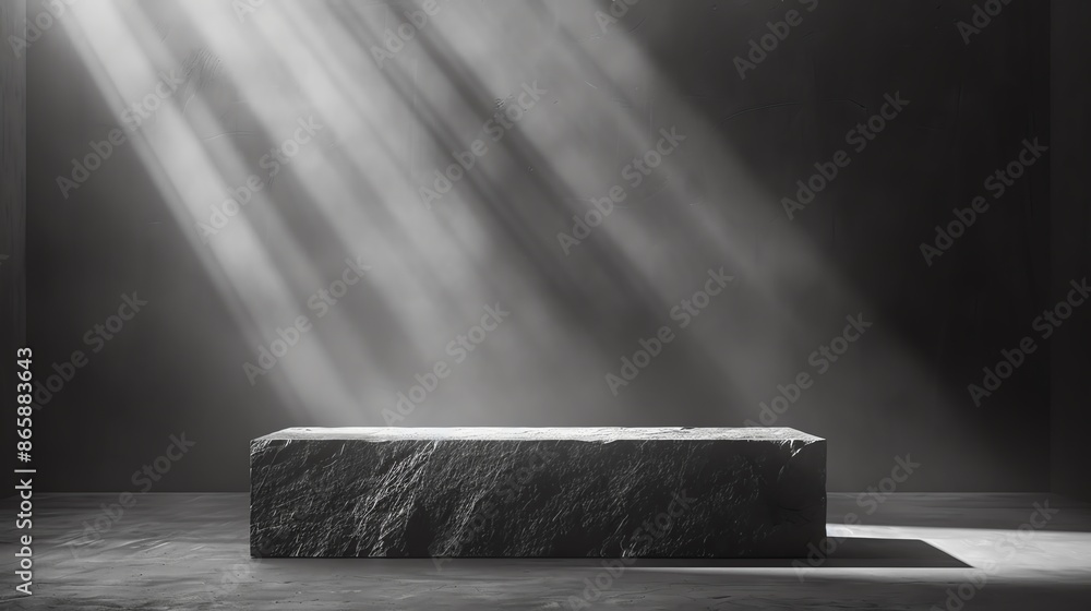Minimalist gray monochrome template with a rectangular granite pedestal, light background and soft lighting Minimalist gray monochrome template with a rectangular granite pedestal, light background and soft lighting