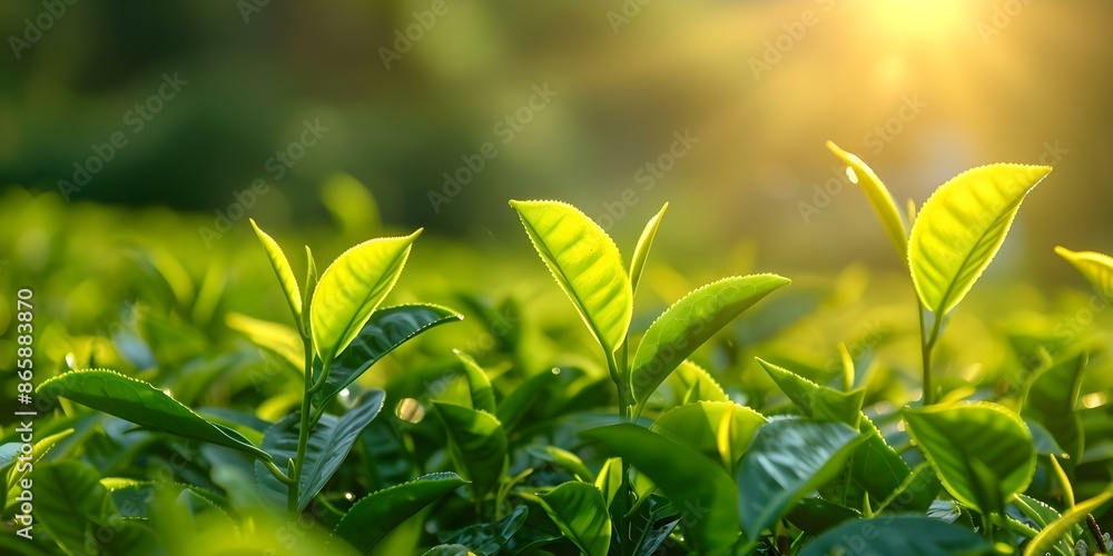 Obraz premium Green tea leaves on plantation in morning sunlight. Concept Nature, Green Tea, Plantation, Morning Sunlight, Agriculture