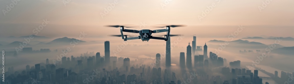 Drone flying over a foggy cityscape at dawn, capturing panoramic views of skyscrapers and urban skyline amidst misty clouds. Drone flying over a foggy cityscape at dawn, capturing panoramic views of skyscrapers and urban skyline amidst misty clouds.
