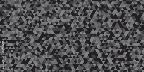 Abstract geometric black and gray background seamless mosaic and low polygon triangle texture wallpaper. Triangle shape retro wall grid pattern geometric ornament tile vector square element.