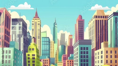 16 United States urban scenes flat design worm's-eye view cityscape theme cartoon drawing colored pastel