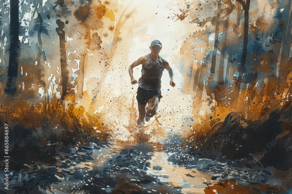 Obraz premium Dynamic watercolor painting of a runner sprinting through a forest trail, capturing the essence of movement and nature.
