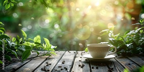 Green tea leaves in a teacup on a wooden table with plantation backdrop. Concept Tea, Green tea, Leaves, Teacup, Wooden table, Plantation