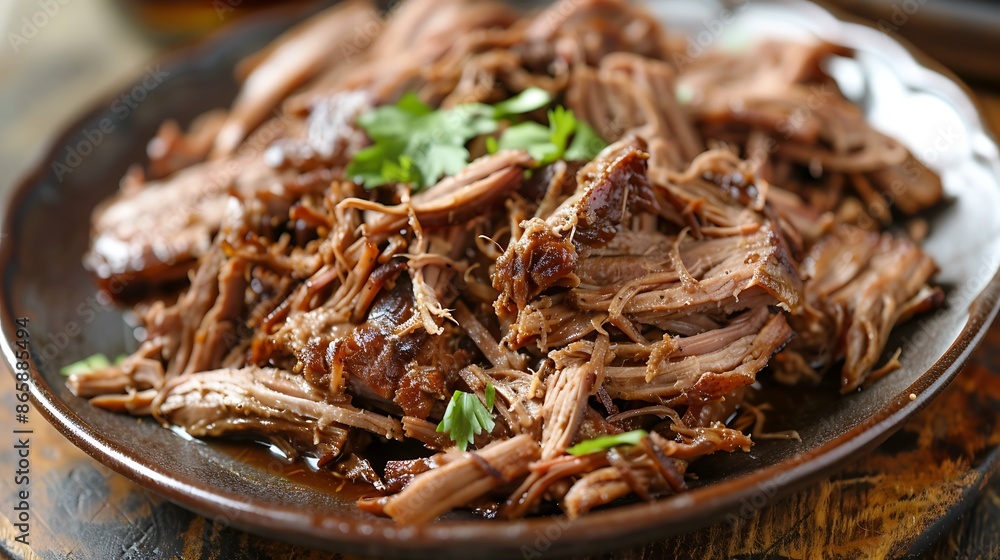 Pernil asado slow cooked shredded pulled pork close up on a plate Pernil asado slow cooked shredded pulled pork close up on a plate
