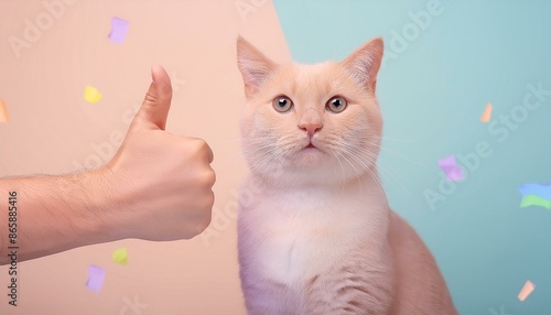 真顔のベージュの猫の横に人間の「いいね」の手