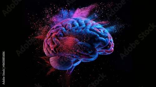 Human brain made of plastic, exploded into colored powder, black background, shot with studio lights
