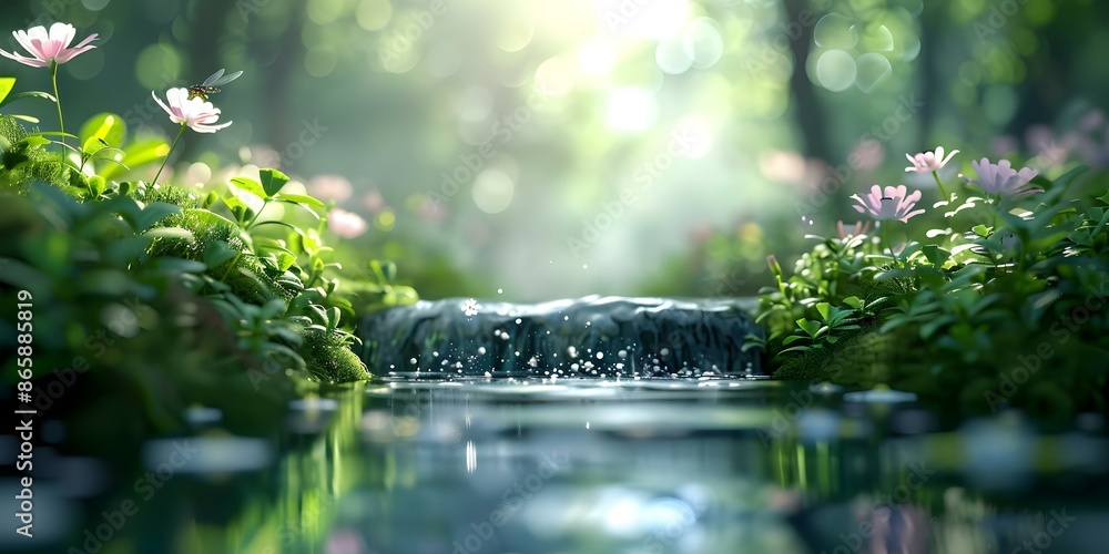 Vivid forest scene with blooming flowers buzzing insects and flowing water. Concept Nature Photography, Vibrant Ecosystem, Springtime Beauty, Wildlife Interaction, Tranquil Landscapes Vivid forest scene with blooming flowers buzzing insects and flowing water. Concept Nature Photography, Vibrant Ecosystem, Springtime Beauty, Wildlife Interaction, Tranquil Landscapes