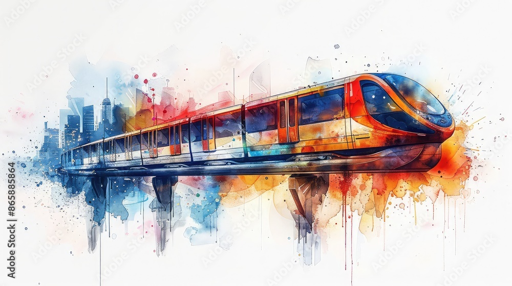 Fototapeta premium A creative watercolor depiction of a monorail, capturing its modern design and urban setting, with a white background