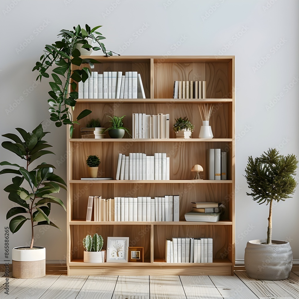 Fototapeta premium Cozy Wooden Bookshelf with Decorative Plants and Books in Modern Home Decor