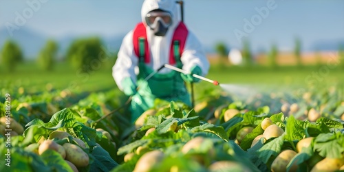 Farmer in protective gear spraying insecticide on healthy green potato crop. Concept Agriculture, Pest control, Farming practices, Crop protection, Potato cultivation photo