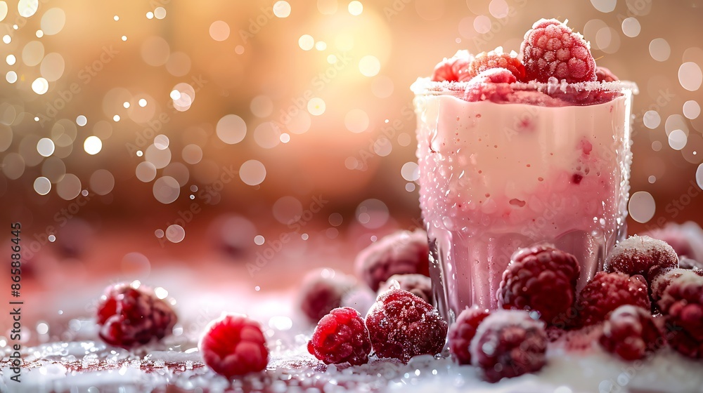 Raspberries yogurt smoothie overflow with frozen berries shining background Raspberries yogurt smoothie overflow with frozen berries shining background