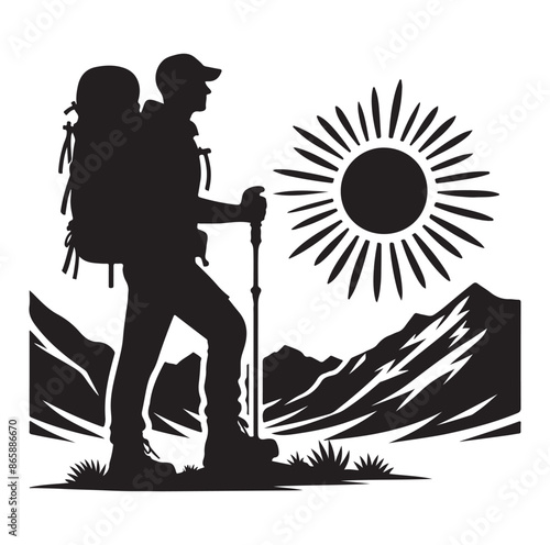 Hiker silhouette of a trekking Hiker vector on isolated white background.