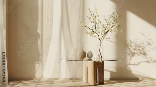 Elegant Glass End Table in Minimalist Home Setting,3D Render Mockup