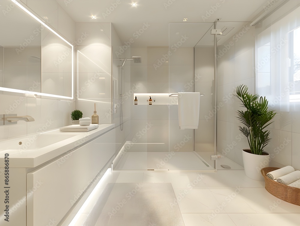Elegant and Minimalist Bathroom with Walk-in Shower,3D Home Render Elegant and Minimalist Bathroom with Walk-in Shower,3D Home Render