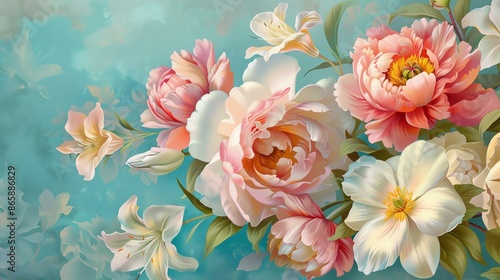 Elegant watercolor floral of pink and white peonies with butterflies on a teal background, ideal for decorative designs.
