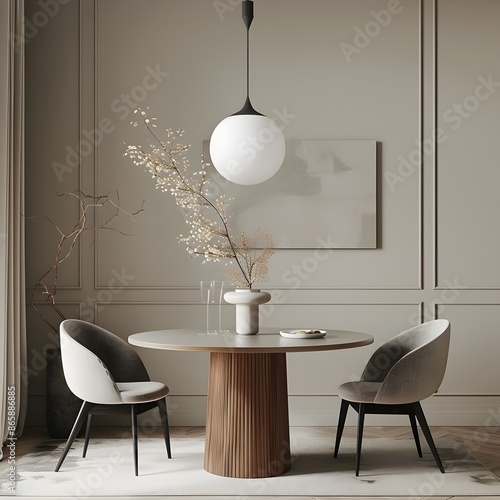 Elegant and Minimalist Dining Space with Wooden Table and Plush Chairs