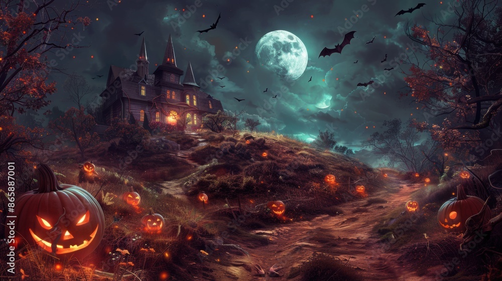 a spooky Halloween night scene featuring a haunted A house on a hill, with a full moon in the background, bats flying, and eerie glowing pumpkins lining the path. a spooky Halloween night scene featuring a haunted A house on a hill, with a full moon in the background, bats flying, and eerie glowing pumpkins lining the path.