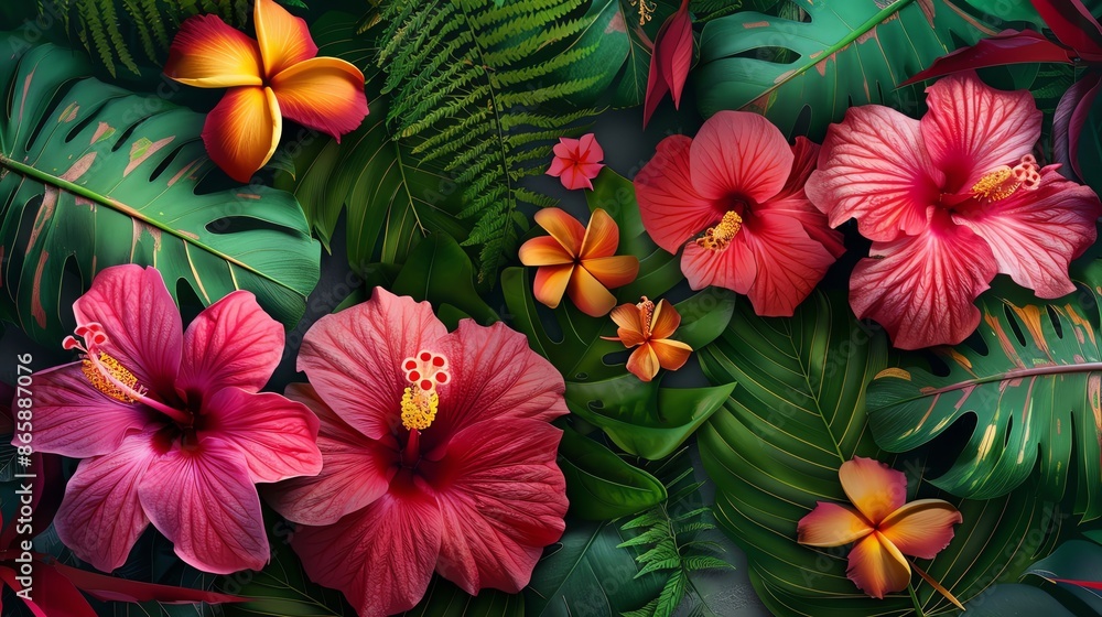 custom made wallpaper toronto digitalVibrant tropical flowers and lush green leaves create a stunning natural background full of color and beauty.