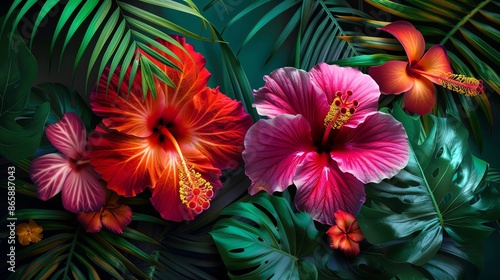 Vibrant tropical hibiscus flowers with lush green foliage, showcasing the beauty of nature in a colorful and exotic floral arrangement. © Jenjira