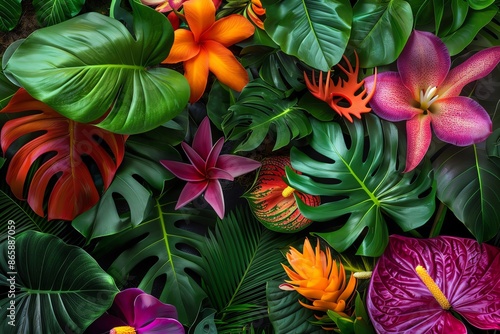 Wallpaper Mural Vibrant tropical foliage and exotic flowers create a lush, colorful background. Perfect for natural, botanical, or tropical-themed designs. Torontodigital.ca