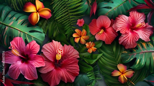 Wallpaper Mural Vibrant tropical flowers and lush green leaves create a stunning natural background full of color and beauty. Torontodigital.ca