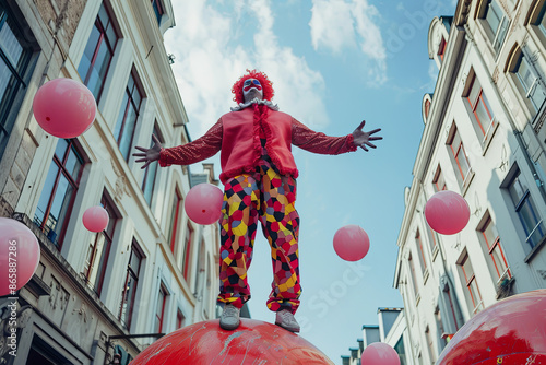 Wallpaper Mural Clown and balancer juggling pink balls while standing on a big red ball in a European city street Torontodigital.ca