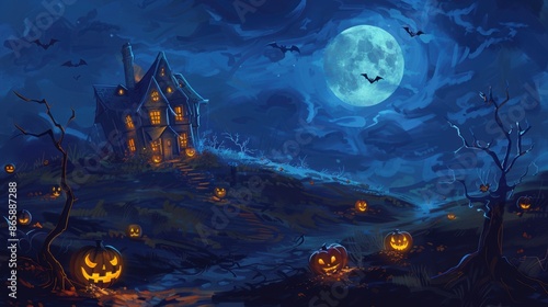 a spooky Halloween night scene featuring a haunted A house on a hill, with a full moon in the background, bats flying, and eerie glowing pumpkins lining the path.